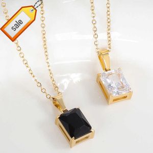 Stainless Steel Jewelry PVD 14k Gold Plated Moon Stone Diamond Black Cubic Zircon Zirconia Square Pendant Necklace