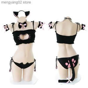 Sexig uppsättning härlig neko cosplay kommer söt lolita katt krage genomborrad bh kort set underkläder sexig underkläderklock choker+topp+pantie+svans T230530