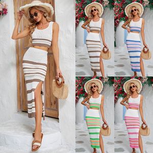 Sexy Women's Two Piece Dress Summer New Square Neck Striped Beach Nightclub Hollowed Out Suit Short Vest Slit Long Skirt