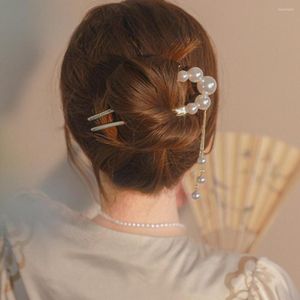 Hårklipp kinesisk retro stil guldfärg u-formad gaffel elegant pärla tofs hårnål för kvinnor flickans festtillbehör