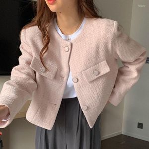 Women's Suits Korean Spring And Autumn French Round Neck Single Breasted Pocket Decoration Loose Long Sleeve Tweed Women'S Coat