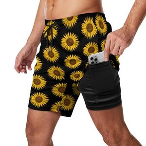 Roupa de ginástica Surfina de compressão de quadro de flores amarelo Homens de girassol calças de praia de girassol Turncos de natação elástica de cintura superdimensionados