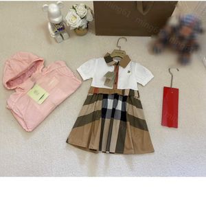 23ss kids designer clothes Girl dresses girls dress Lapel elastic sleeve plaid patchwork embroidered pleated shirt dress High quality kids clothes a1