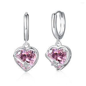Studörhängen WPB S925 Sterling Silver Women Shiny Pink Heart Female Luxury Jewelry Bright Design Girl Gift Party