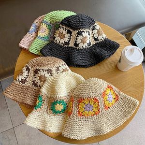 Breda randen hattar hink hattar Japan Korea virkning strandstrå hatt kvinnor sommarblommor ren handvävd hatt solskade fiskare hatt andas hink hink 230529