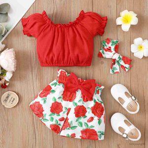 Kläder sätter flickor spädbarn baby kläder sommar kort ärm toppsandfloral shorts med pannband nyfödda kläder 0-2 år