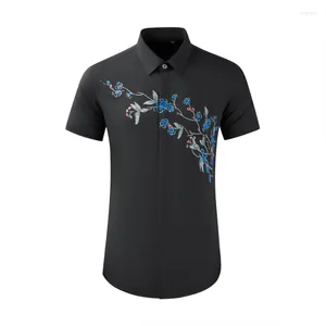 Мужские повседневные рубашки Minglu Summer's Men's Luxury Plosm Blossom Печатная вечеринка с коротким рукава