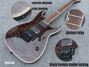 Chitarra elettrica Guilt Flame Top See Thru Grey Top Solid Black Back Floyd Rose Style Black Tremolo Abalone Binding and Inlay Set