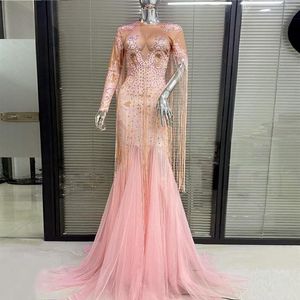 Casual Dresses Pink Ladies Sexy Beading Chain Mermaid Long Dress Performance Costume Birthday Celebrate Party Nightclub Outfit In Stock