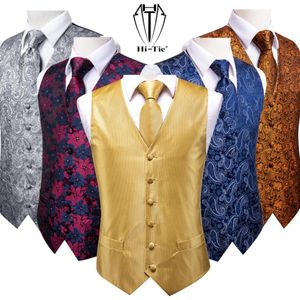 Blazers de seda masculino fino ajuste 4 pçs colete gravata bolso quadrado abotoaduras cintura jaqueta terno colete pescoço conjunto ouro vermelho azul rosa verde