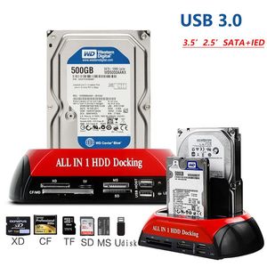 Stationer HDD -dockningsstation för 2,5 3,5 tum SSD HDD USB 3.0 till IDE SATA -adapter med TF SD XD MS -kortläsare IDE SATA till USB -omvandlare
