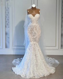 Modest White Lace Wedding Dresses For Woman Bride 2023 Sweetheart Vintage Mermaid Bridal Gowns With Veil Sweep Train