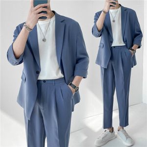 Mäns kostymer Summer Suit Men Slim Fashion Social Mens Dress Korean Casual Jacket/Pants Two-Piece Set Office Formal M-2XL