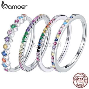 Anéis de banda BAMOER 925 prata esterlina arco-íris CZ simples moda anel de dedo empilhável anéis de banda para mulheres joias clássicas J230531