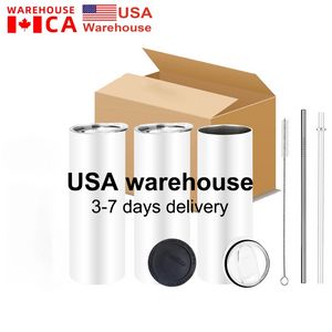 US CA Stock 25pack 20 أوقية أكواب تسامي الفراغات المستقيمة Tumblers مزدوجة الجدار زجاجات ماء رفيعة معزولة مع غطاء وقش