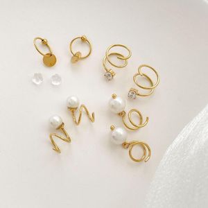 Hoop Earrings Small Disc For Women Minimalist Screw Rhinestone Imitation Pearl Ear Stud Buckle Jewelry Accessories