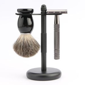 Blades Professional Men's Ghaving Zestaw podwójnej krawędzi bezpieczeństwa Razor 100% czysty borsak golenia szczotka ze stali nierdzewnej matowy czarny stojak na brzytwy