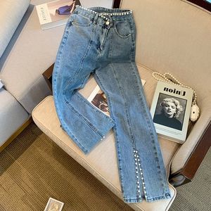 Kvinnor jeans fästade pärlhög midja split jeans för kvinnor vårens höststil rak rör tunna blossade byxor trend 230530