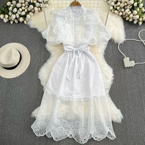 Luxury and luxurious style stand up collar pleated lantern sleeve hollowed out ruffle edge lace up waist slim A-line dress