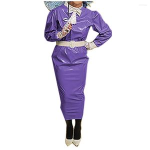 Lässige Kleider Sissy glänzendes PVC-Leder knöchellanges Humpelkleid Gothic Lange Puffärmel, figurbetont, Bleistift, Herren, Wet-Look, Nachtclub-Outfits