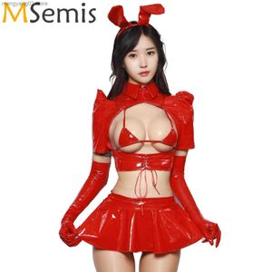 Seksi Set Kadın Patent Deri Tavşan Kız Seksi Cosplay Gelin Dantel Yukarı Üst Üçgen Sırf Flüf Mini Etek Tavşan Kulak Kafası Hayvan T230531