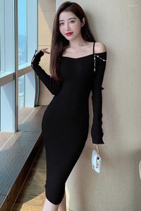 Casual Dresses Autumn Winter 2023 Sexy Fashion Pearl Necklace Spaghetti Strap Knitted Sweater Dress Long Sleeve Slim Bodycon Party Club