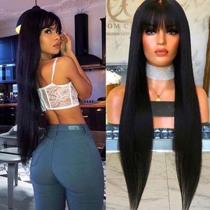 180% 250% Density Full Machine Made Wig With Bangs 30 Inch Long Silky Straight Brazilian Virgin Human Hair Wigs For Black Women