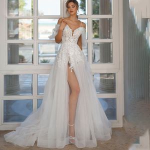 Sexy Lace Appliques Wedding Dress For Women 2023 Custom Made Side Slit Bridal Gowns Spaghetti Strap Robe De Mariee