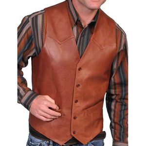 Blazers męski retro punkowy skórzana kamizelka v szyja brązowy stały kolor jednopięciowy kostium bez rękawów