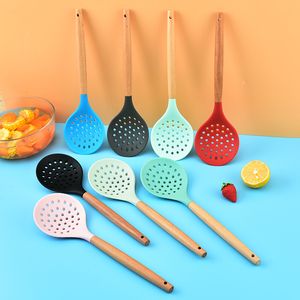 Köksredskap Silikon Matlagningsfilter Non-stick värmebeständig trähandtag Colander Spoon Skimmer Sile Cooking Kitchen Tools Q154