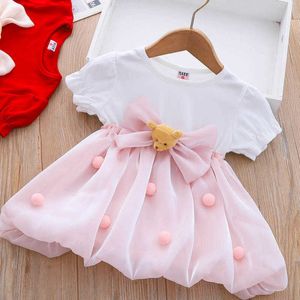 Flickas klänningar spädbarn sommar nya flickor båge klänning baby söt tecknad knopp prinsessa klänning kläder aa230531