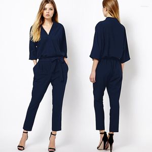 Kvinnors jumpsuits 2023 Kvinnor Summer Autumn Fashion Plus Size 3XS-10XL Tre Quater ärmar Sexig V Neck Bodycon Long Chiffon