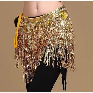 Scene Wear Belly Dance Midje kedjes paljetter Fyra lager Tassel Cover Performance Practice Lace Up Hip Scarf kjol