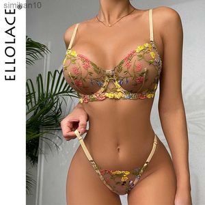 Slip Mutandine Ellolace Lingerie erotica Abbastanza pizzo Set di biancheria intima trasparente Ragazza Ricamo floreale Sexy Fantasia Reggiseno trasparente Set Donna 2 pezzi L230518