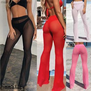 Women's Pants Capris Women Sexy Beach Sheer Mesh See Through Transparent High Elastic Waist Bikini Cover Up Swimwear Bell Bottom Flare Pants Trousers T230531