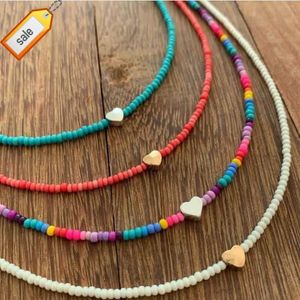 Go2BoHo Iron Gallstone Gold Plated Heart Choker Necklace Fashion Jewelry Rainbow Colorful Glass Seed Bead Necklace for Women