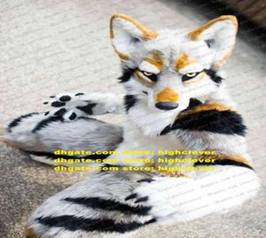Gris blanco de pelo largo Furry Husky Dog Wolf Fox Fursuit Mascot Costume Adult Cartoon Character Suit Family Outings Big Party zz75836415105