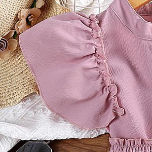 Conjuntos de roupas 4-7Y Meninas Verão Terno Cor Sólida Crewneck Grande Flutter Manga Único Breasted Top e Smocking Shorts Poliéster Moda