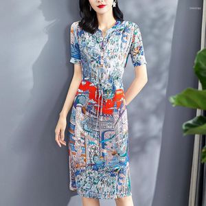 Casual Dresses Real Silk Women's Summer Midi Dress Elegant Fashion Short Sleeve Drawstring A-line Women Printed Loose