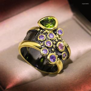 Cluster Rings Italy Jewelry Antique Vintage Big CZ For Women Black Gold Cocktail Ring Trendy