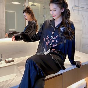 Женская женская одежда для сна с китайским стилем припечатка 2pcs женский пижамский костюм весна осень осень Свободная ночная атласная рубашка повседневная домашняя одежда