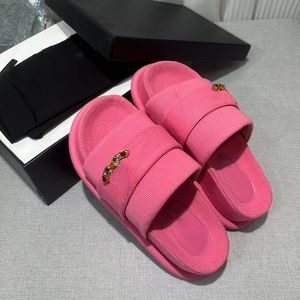 Kvinnors tweed plattform klackar sandaler glider på tofflor designer grosgrain metall smycken slingbacks klädskor damer klassiska rosa fuchsia mules utomhus casual sko