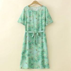 Plus Size Dresses Long Women 2023 Summer Rayon Floral Short Sleeve Belt One-Piece Oversized Curve Clothes T62-1990