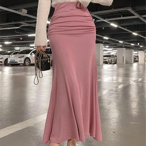 Skirts Folds Maxi Knit Skirt Pink Slim Women High Waist Fishtail Ankle Long Bodycon Sexy Skirts Elegant Streetwear Vintage Sweet N394