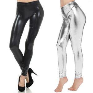 Legginsy damskie seksowne wysokiej talii błyszczący mokry płynny wygląd pu sztuczna skóra metaliczna elastyczne czarne srebrne spodnie taneczne disco leggins