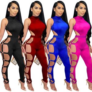 2023 Projektant Sexy Hollow Out Jumpsuits Summer Women Shleeless BodyCon BodyCon Rompers Chudy Nocny klub Playsitus One Piece Bongis Hurtowe Ubrania 9924