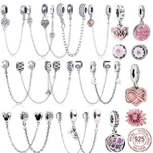 925 Sterling Silver Security Chain Dangle Charm Pärlor Lämpliga för primitiva Pandora Armband Charm DIY Kvinnors smycken Fashion Accessories Gratis leverans