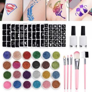 Tatueringar 24 Färg 125 mallar Flash Diamond Glitter Flash Powder för tillfällig tatuering Kids Beauty Face Body Painting Art Tools TSLM1