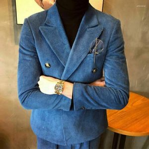 Trajes masculinos azul veludo de veludo de cordão noivo Blazer traje Homme Casamento Tuxedo Office de casamento Double Bastted 2 Pcs Jaqueta calça