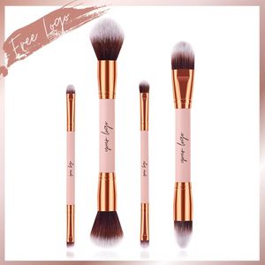 Professionelles Doppelkopf-Make-up-Pinsel-Set, 4-teilig, Rosa, Roségold, Private Label, Foundation, Puffer, Kontur, kosmetische Zwei-Wege-Werkzeuge